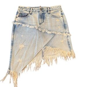 Tortoise Denim Elseya Skirt Raw Hem Frayed